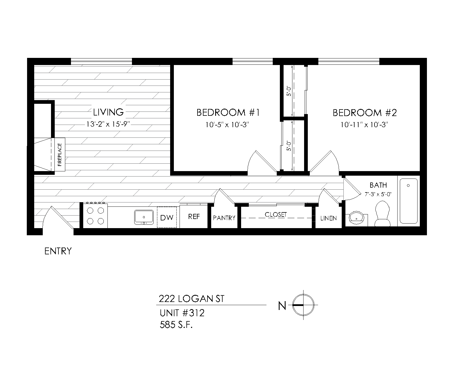 Floor plan for 2 beds, 1 bath, 610 sqft